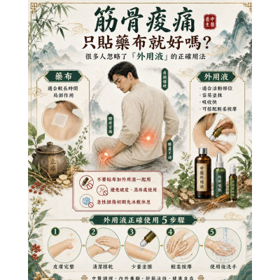 筋骨痠痛只貼藥布就好嗎?很多人忽略了「中藥外用液」的正確用法 筋骨痠痛只貼藥布就好嗎?很多人忽略了「中藥外用液」的正確用法